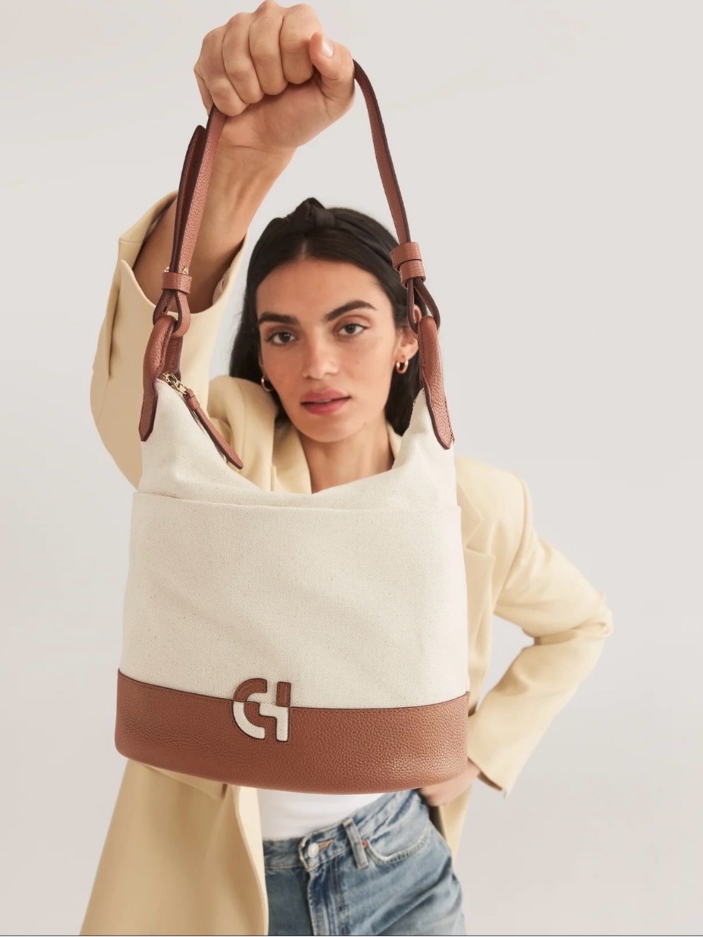Cole Haan Essential Soft Bucket Bag Canvas Leather Shoulder Purse.
